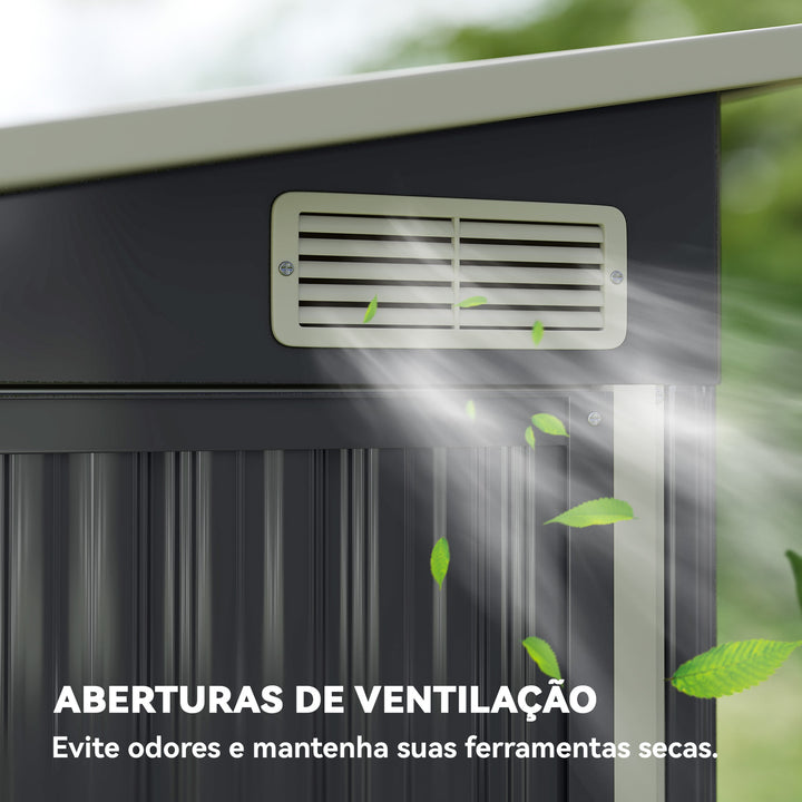 Abrigo de Jardim 2,7 m² 234x132x185 cm Abrigo de Exterior Metálico com Três Portas Fechadura Telhado Inclinado e Ventilação para Armazenamento de Ferramentas Cinzento