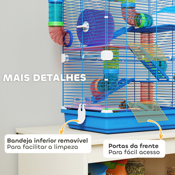 - Jaula para Hamster de 5 Níveis, Casa para Roedores Pequenos com Túnel, Plataformas, Tigela, Bebedouro, Casinha, Rampas e Roda de Exercício, para Gerbos, 46x30x58 cm, Azul