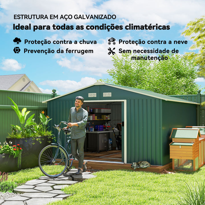 Abrigo de Jardim Metálico 340x386x200cm Abrigo de Exterior para Armazenamento de Ferramentas com Base Incluida 4 Janelas de Ventilação e Porta Corredeira Verde