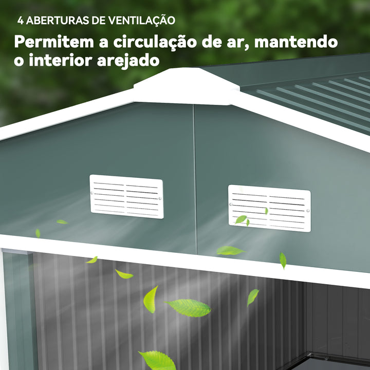 Abrigo de Jardim Metálico 340x386x200cm Abrigo de Exterior para Armazenamento de Ferramentas com Base Incluida 4 Janelas de Ventilação e Porta Corredeira Verde