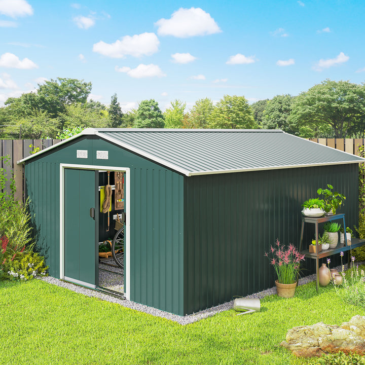 Abrigo de Jardim Metálico 340x386x200cm Abrigo de Exterior para Armazenamento de Ferramentas com Base Incluida 4 Janelas de Ventilação e Porta Corredeira Verde