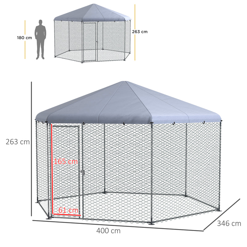 Galinheiro Grande de Exterior em Aço 400x346x263 cm Estrutura Hexagonal Coberta com Tecido Oxford Resistente aos Raios UV e Impermeável para Jardim Prata