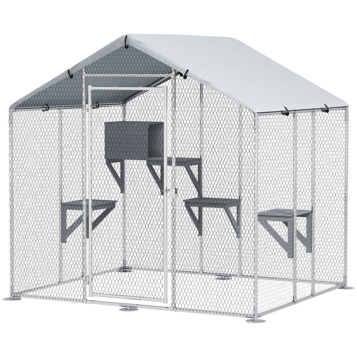 Gaiola para Gatos de Exterior Recinto para Gatos com Cobertura Impermeável 420D Plataformas para 5 Gatos Refúgio para Galinhas Coelhos 200x170x195 cm Prata