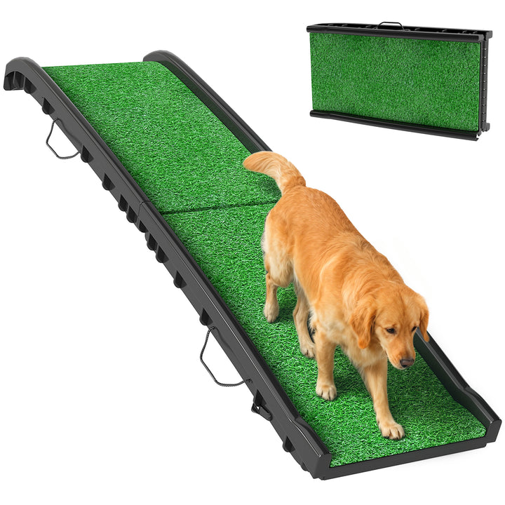 Rampa para Cães com Relva Artificial 155 cm Rampa Dobrável com Pega Ângulo Ajustável Antiderrapante, para Todas as Raças para Cama Sofá, Verde