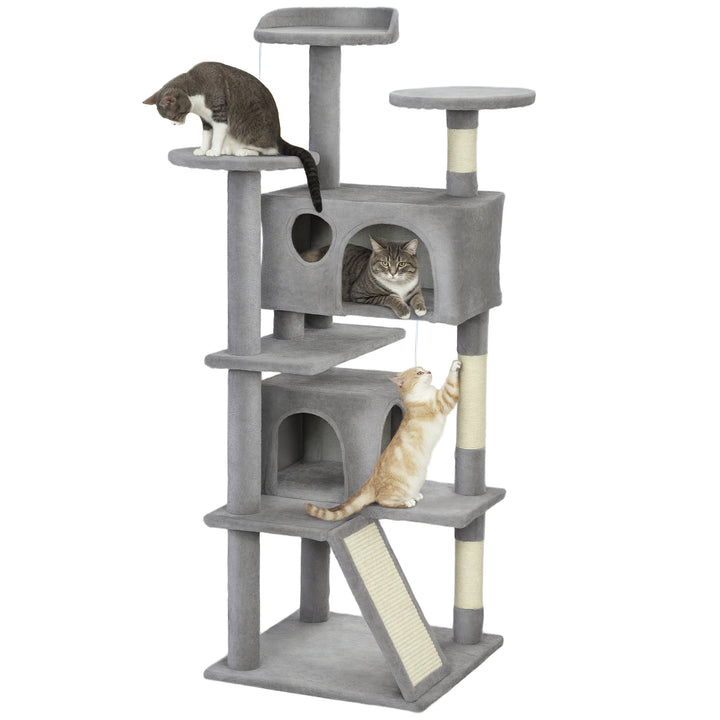 Arranhador para Gatos Altura 138 cm Arranhador para Gatos Torre de Escalada com Postes Arranhadores de Sisal Plataformas Cavernas Bolas Pendentes e Redes Cinza Claro