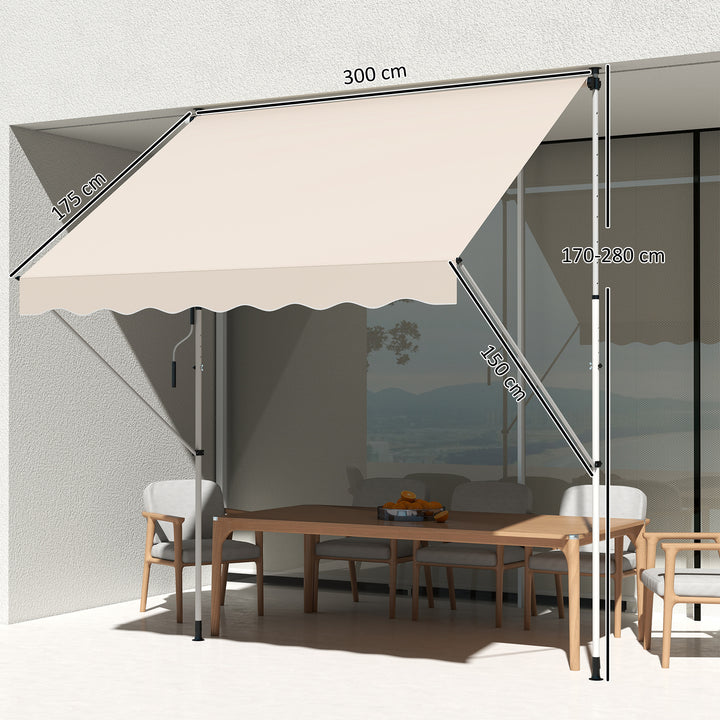 Toldo Manual Retrátil para Exterior 300x150x170-280cm Toldo Enrolável Altura Ajustável com Manivela Proteção Solar para Terraço Balcão Jardim Bege