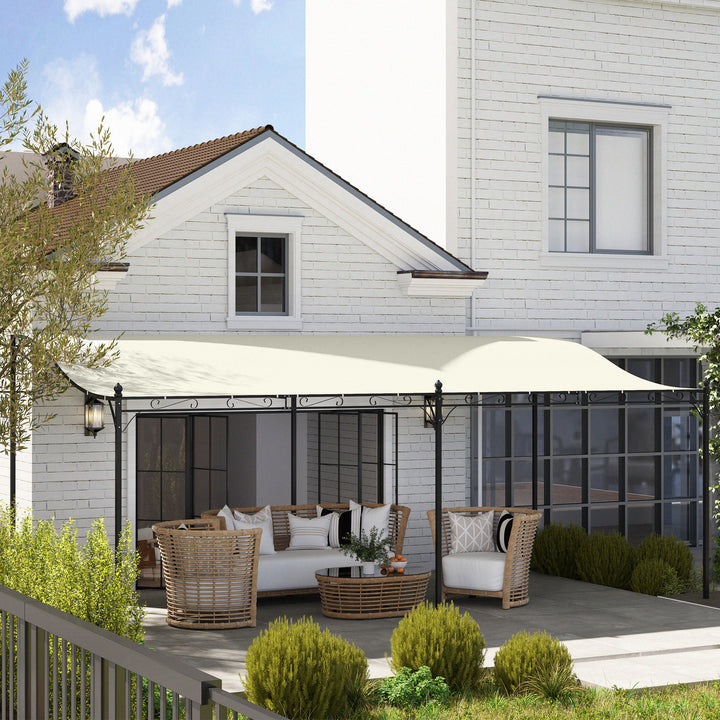 Pérgola de Parede de Jardim 3x6 m Pérgola de Jardim com Telhado Inclinado Orifícios de Drenagem e Estrutura Metálica Resistente às Intempéries para Pátio Terraço Varanda Creme