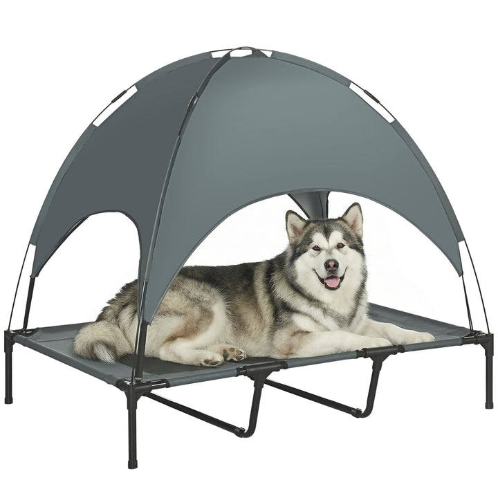 Cama elevada para animais de estimação Portátil com tecido respirável de toldo removível para interior e exterior 122x92x108 cm cinza