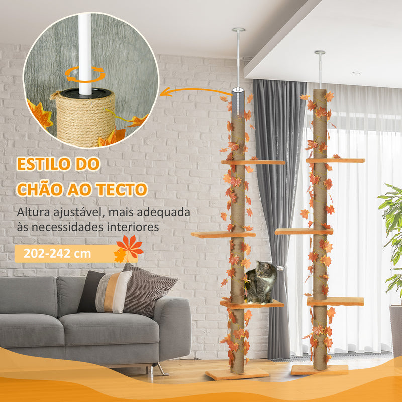 Árvore para Gatos do Chão ao Teto 37x21x202-242 cm Torre Arranhador para Gatos com Altura Ajustável 3 Plataformas Poste de Juta e Decoração de Folha de Acer Laranja