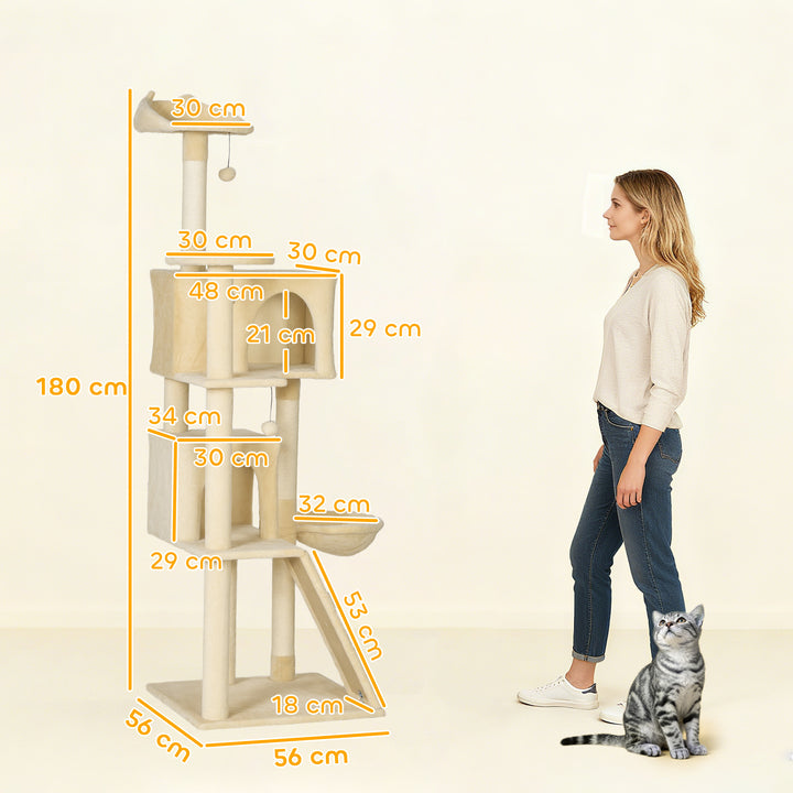 Arranhador para Gatos 180 cm Torre de Escalada com Múltiplas Plataformas Cama 2 Cavernas Rede Escada Postes de Sisal Bolas para Brincar Bege