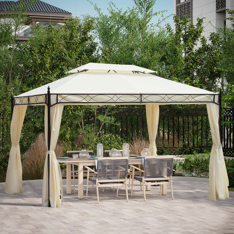 Pérgola de Jardim 4x3 m Pérgola de Jardim com Telhado Duplo 4 Cortinas Estrutura de Aço 8 Orifícios de Drenagem Anti-UV Tenda para Exterior Terraço Pátio Creme