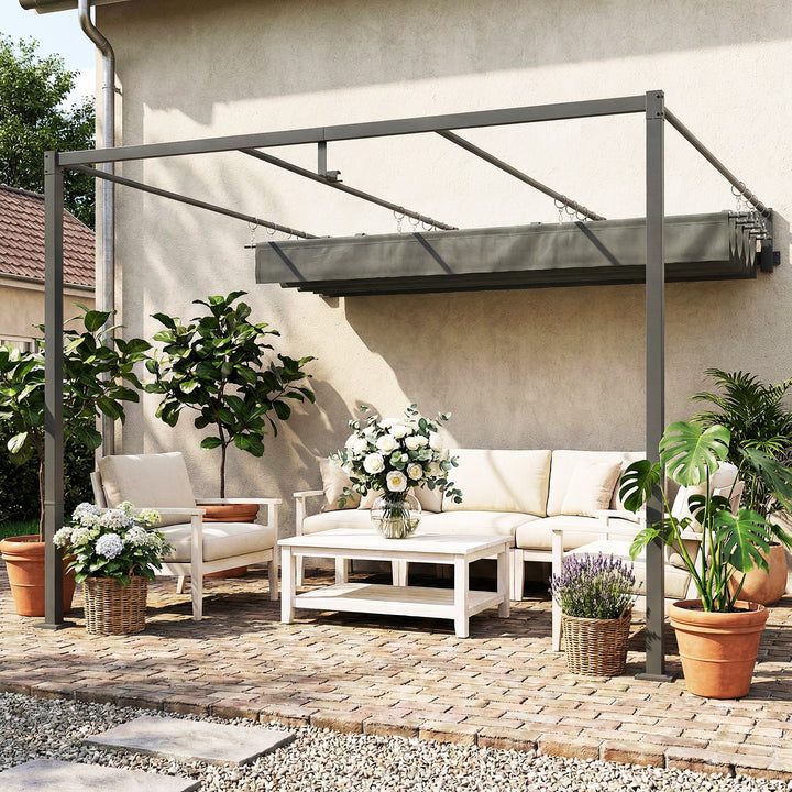 Pérgola de Parede para Jardim 3x3 m Pérgola de Jardim com Teto Retrátil Proteção UPF30+ Orifícios de Drenagem e Estrutura de Aço Pérgola para Terraço Exterior Cinzento Escuro