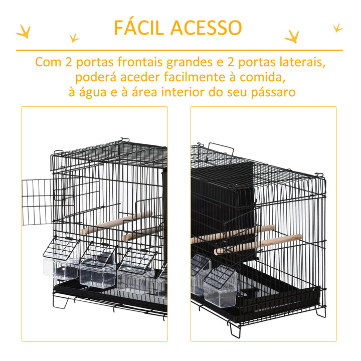 Gaiola para Pássaros com Divisória Gaiola com Ganchos Superiores Portas Comedouros Poleiros e Bandeja Amovível para Canários Periquitos 59,5x26,5x39,5 cm Preto