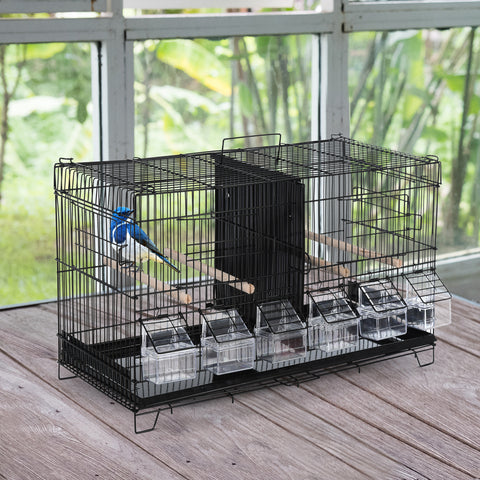 Gaiola para Pássaros com Divisória Gaiola com Ganchos Superiores Portas Comedouros Poleiros e Bandeja Amovível para Canários Periquitos 59,5x26,5x39,5 cm Preto