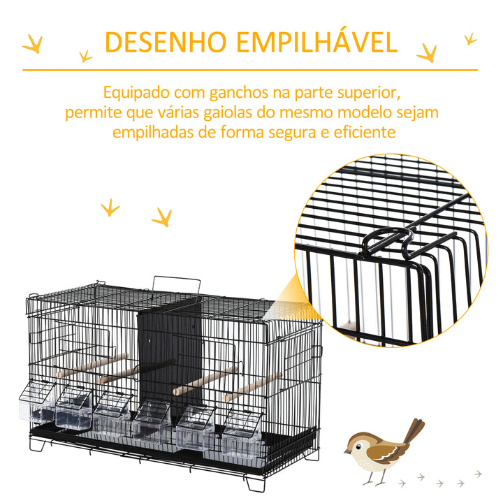 Gaiola para Pássaros com Divisória Gaiola com Ganchos Superiores Portas Comedouros Poleiros e Bandeja Amovível para Canários Periquitos 59,5x26,5x39,5 cm Preto