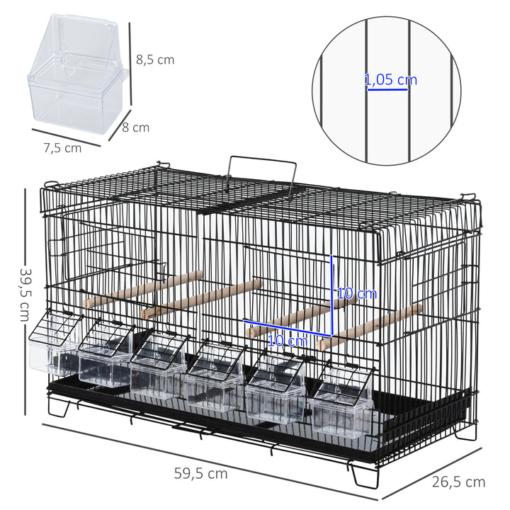 Gaiola para Pássaros com Divisória Gaiola com Ganchos Superiores Portas Comedouros Poleiros e Bandeja Amovível para Canários Periquitos 59,5x26,5x39,5 cm Preto