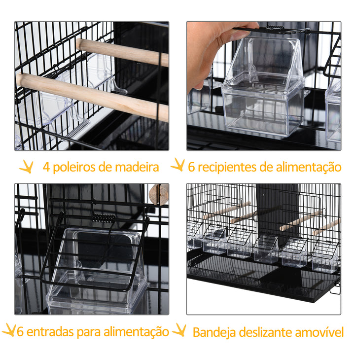 Gaiola para Pássaros com Divisória Gaiola com Ganchos Superiores Portas Comedouros Poleiros e Bandeja Amovível para Canários Periquitos 59,5x26,5x39,5 cm Preto