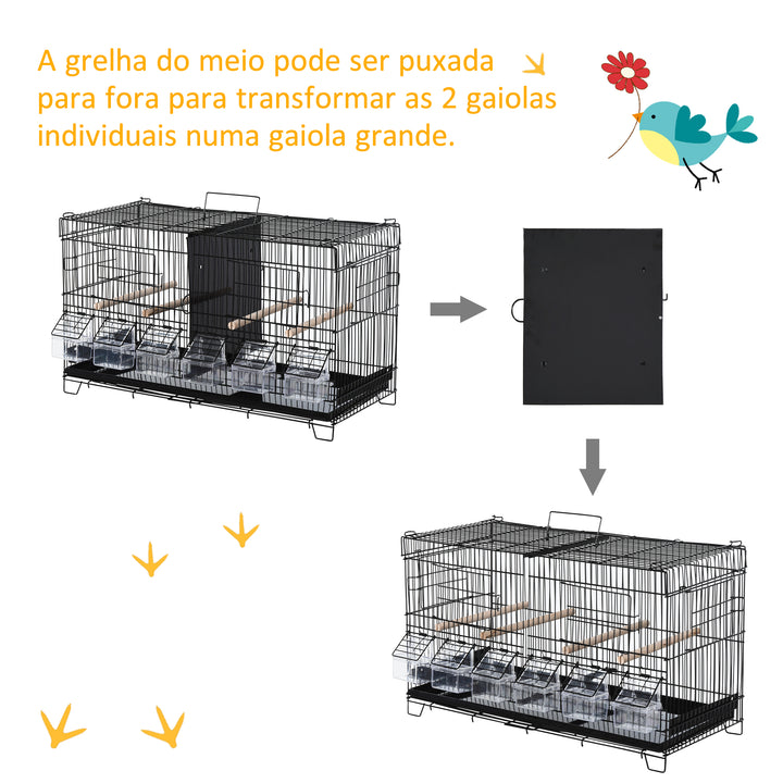 Gaiola para Pássaros com Divisória Gaiola com Ganchos Superiores Portas Comedouros Poleiros e Bandeja Amovível para Canários Periquitos 59,5x26,5x39,5 cm Preto