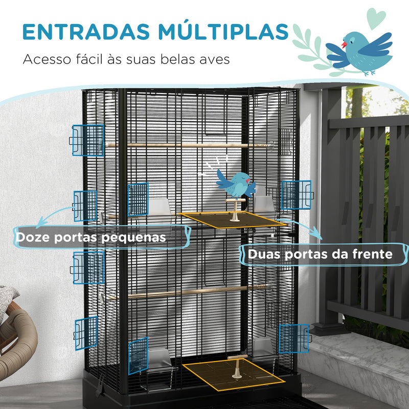 Gaiola para Pássaros 61x36,5x98 cm Gaiola para Aves com Portas Poleiros Bandeja Removível Caixas de Comida e Alças para Canários Periquitos Preto