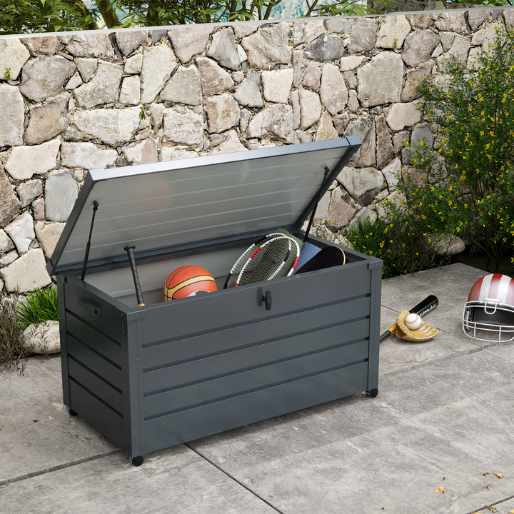 Baú de Exterior 311 L Baú de Armazenamento de Aço Galvanizado com 4 Rodas 2 Pegas e 1 Fechadura com Chave para Jardim Pátio 120x62x66 cm Cinza Escuro