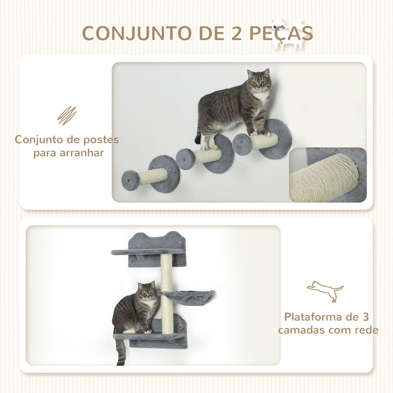 Conjunto de Prateleiras de Parede para Gatos de 4 Peças Arranhador de Parede para Gatos com 3 Postes de Sisal Rede e 1 Plataforma para Saltar de 3 Níveis Cinza