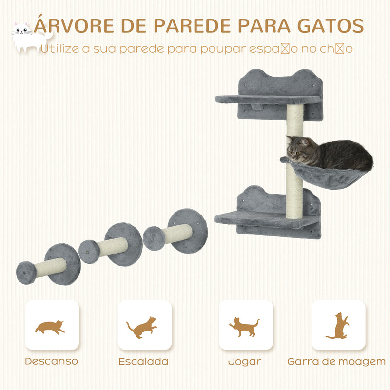 Conjunto de Prateleiras de Parede para Gatos de 4 Peças Arranhador de Parede para Gatos com 3 Postes de Sisal Rede e 1 Plataforma para Saltar de 3 Níveis Cinza