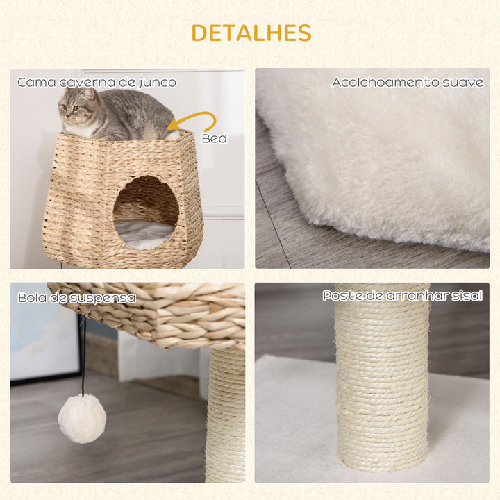 Árvore Arranhador para Gatos Pequena Altura 66cm Torre de Escalada para Gatos com Caverna de Junco Cama Superior Almofadas Poste Arranhador de Sisal e Bola Suspensa Creme e Natural