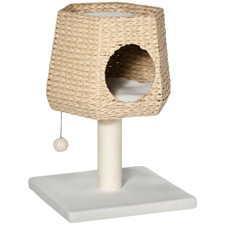 Árvore Arranhador para Gatos Pequena Altura 66cm Torre de Escalada para Gatos com Caverna de Junco Cama Superior Almofadas Poste Arranhador de Sisal e Bola Suspensa Creme e Natural