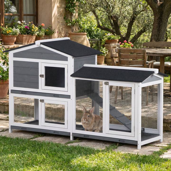 Coelheira de Madeira Exterior Gaiola para Coelhos de 2 Níveis com Teto Asfáltico 2 Cercados de Metal Bandeja Removível 3 Portas e Rampa 157,4x53x93,5 cm Cinza