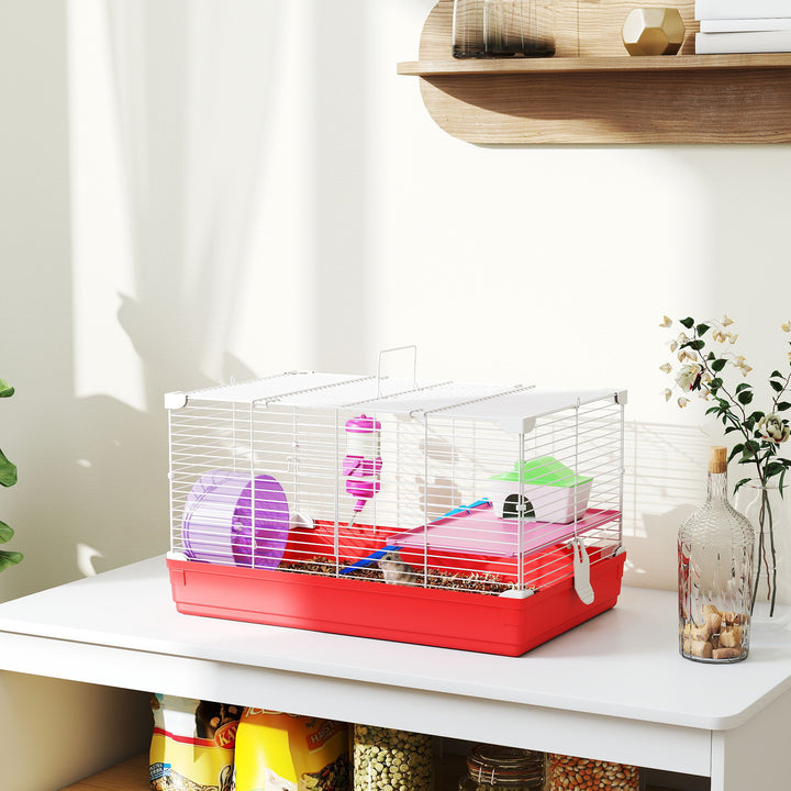 Gaiola para Hamster Casa para Hamster 47x30x27cm com 1 Andar Comedouro Bebedouro Rampa Roda de Exercício para Pequenos Animais Branco e Vermelho