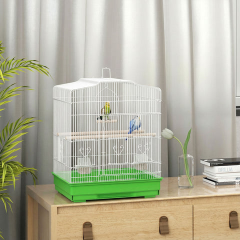 Gaiola para Pássaros, Gaiola de Aço com Portas 2 Alimentadores 2 Poleiros Baloiço Bandeja Removível e Pega de Transporte para Papagaio Canário Periquito 46,5x36x59 cm Verde
