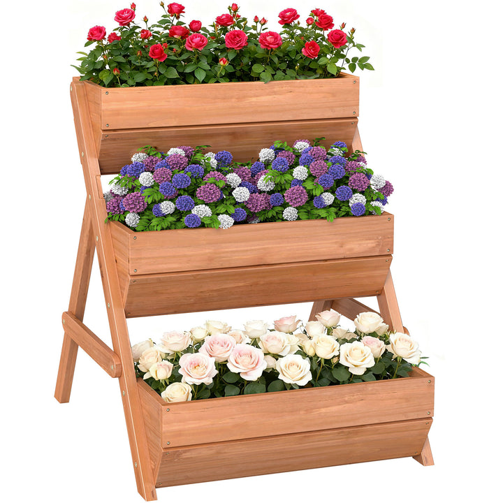 Floreira de Madeira de 3 Níveis Floreira Elevada de Exterior com Orifícios de Drenagem Ideal para Plantas e Flores Terraço ou Jardim 65x75x76 cm Castanho