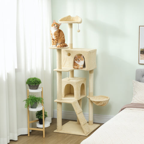 Arranhador para Gatos 180 cm Torre de Escalada com Múltiplas Plataformas Cama 2 Cavernas Rede Escada Postes de Sisal Bolas para Brincar Bege