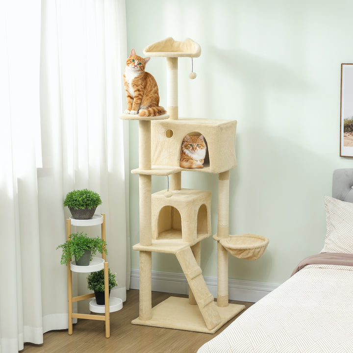 Arranhador para Gatos 180 cm Torre de Escalada com Múltiplas Plataformas Cama 2 Cavernas Rede Escada Postes de Sisal Bolas para Brincar Bege