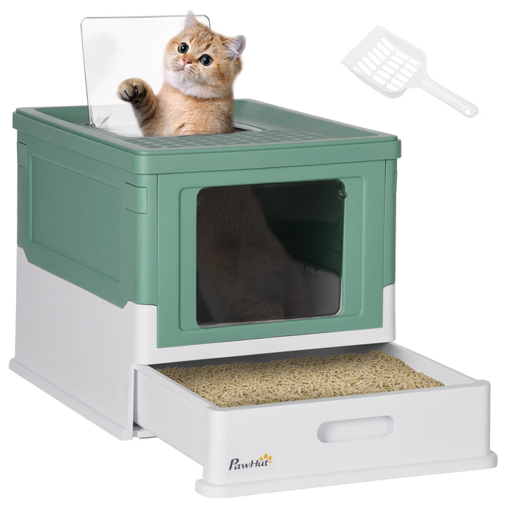 Caixa de Areia para Gatos Dobrável Caixa de Areia para Gatos Fechada com Cobertura Desmontável Bandeja Removível Teto Rebatível Porta de Entrada e Pá 47,5x35,5x36,7cm Verde