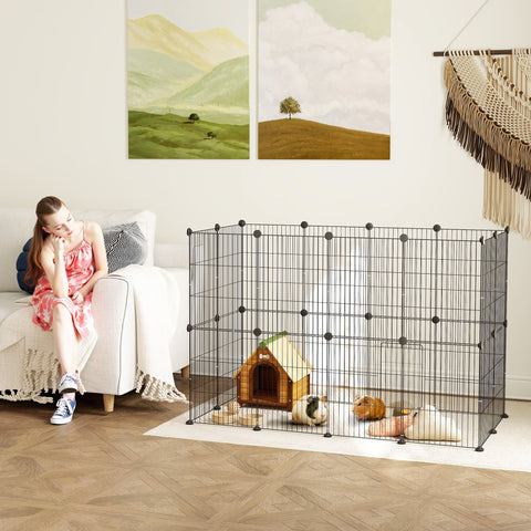 Recinto Metálico para Animais com 24 Painéis Recinto para Animais Pequenos Personalizável para Coelhos Porquinhos-da-Índia Chinchilas Gatos 120x60x80 cm Preto