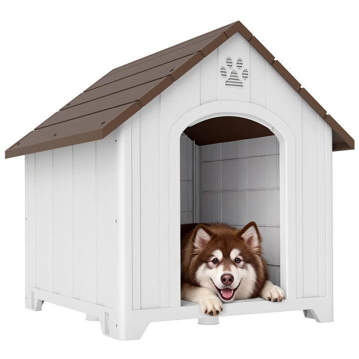 Casota para Cães de Exterior Casota para Cães Extragrandes em Plástico Impermeável com 2 Janelas Base Elevada Estacas Fácil de Montar 102x94x103 cm Castanho Escuro