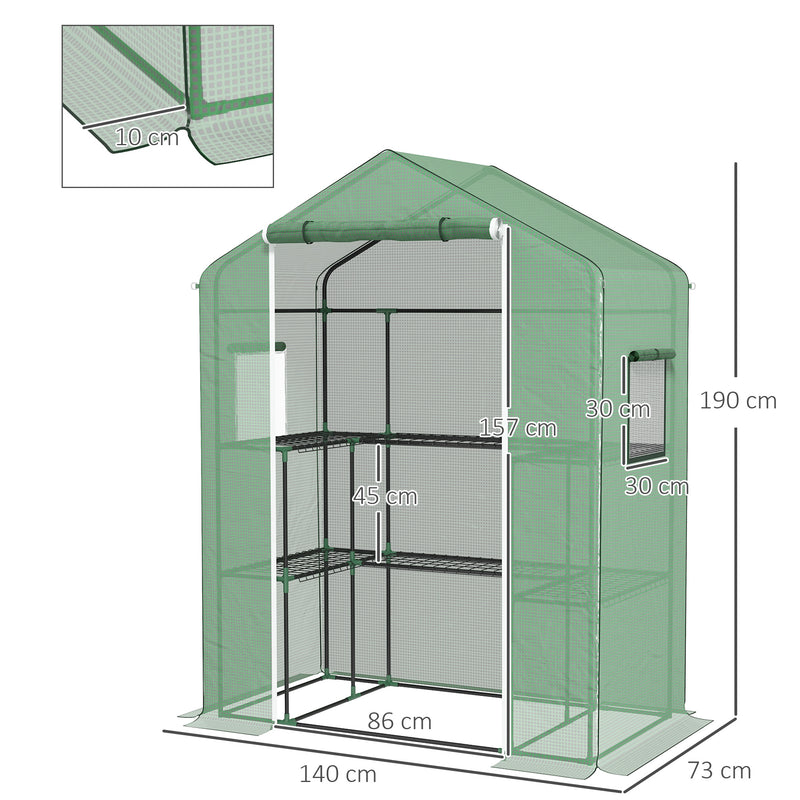 Estufa de Jardim Estufa com 1 Porta 2 Janelas e Prateleiras de 2 Níveis em Forma de U para Cultivo de Plantas em Varanda Pátio 140x73x190 cm Verde