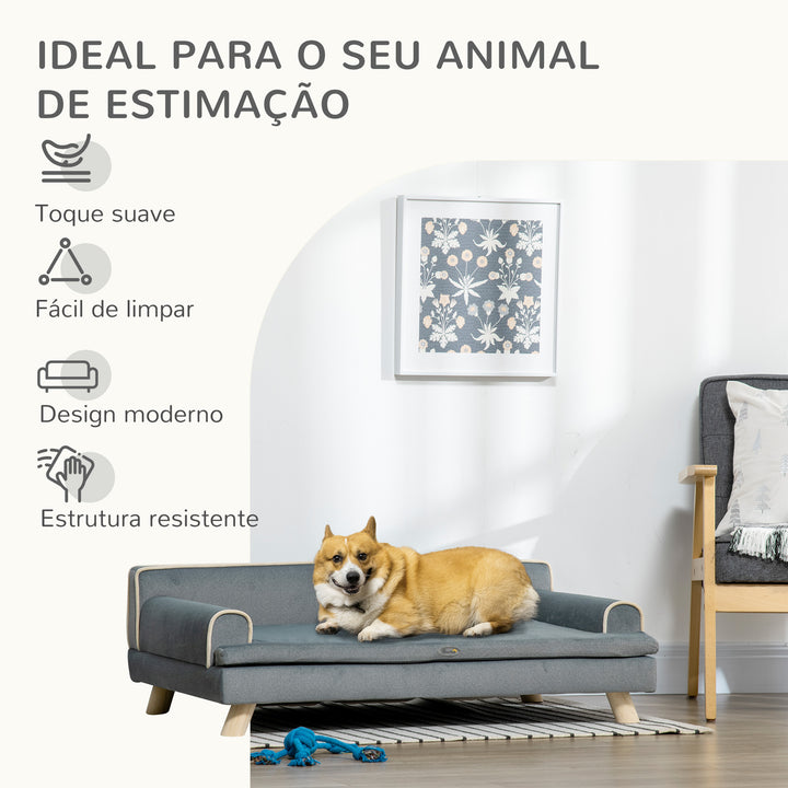 Sofá para Cães Grandes e Médios 100x62x32 cm Cama Elevada Revestimento em Chenille com Almofada Lavável e Pés de Madeira de Pinho Cinza Escuro