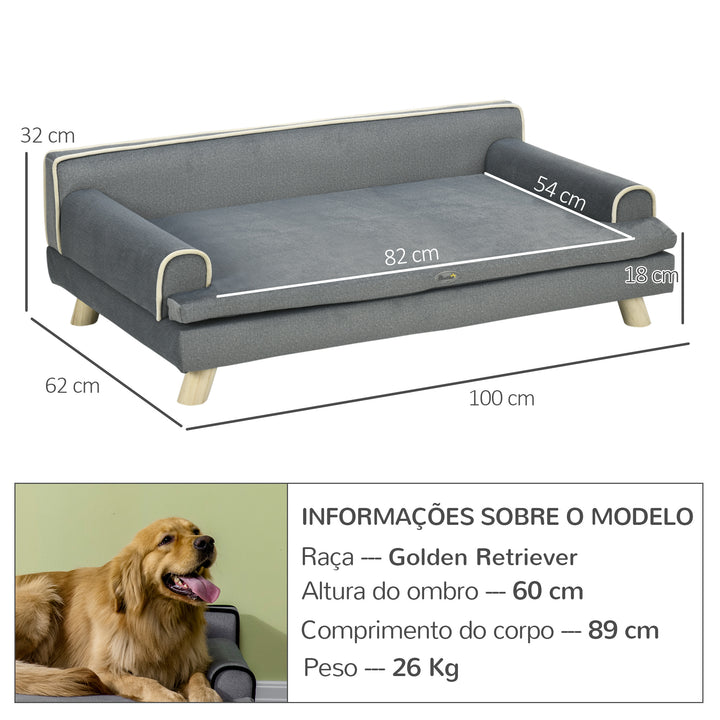 Sofá para Cães Grandes e Médios 100x62x32 cm Cama Elevada Revestimento em Chenille com Almofada Lavável e Pés de Madeira de Pinho Cinza Escuro