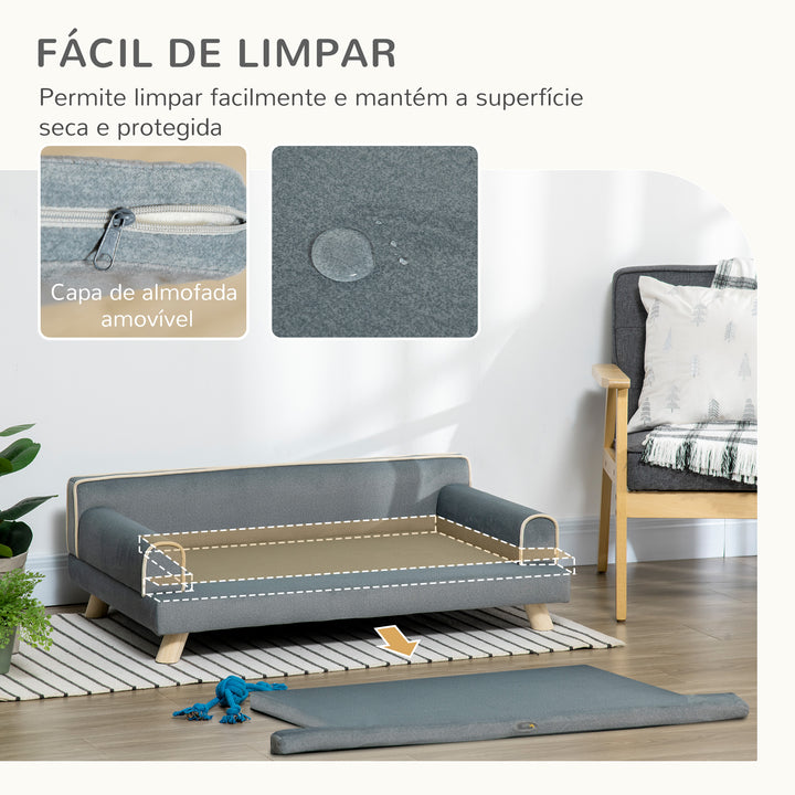 Sofá para Cães Grandes e Médios 100x62x32 cm Cama Elevada Revestimento em Chenille com Almofada Lavável e Pés de Madeira de Pinho Cinza Escuro