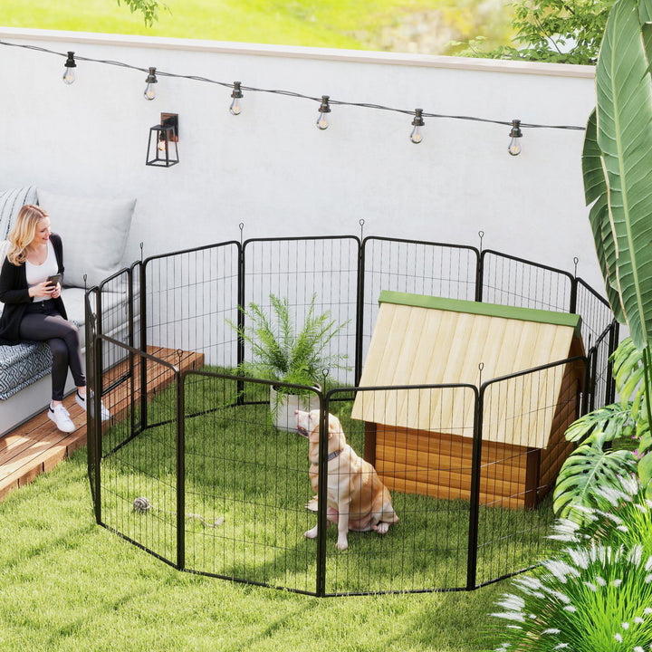 Parque para Cães de 12 Painéis 68x100 cm Parque Dobrável para Cães Médios com Portas Fecho e Estacas para Interior e Exterior Preto