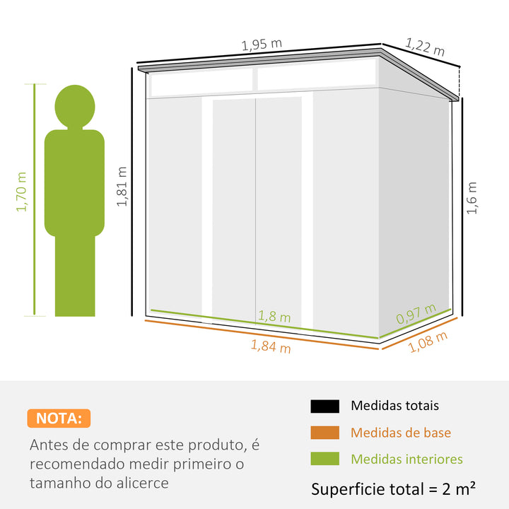 Abrigo de Jardim 2 m² 195x122x181,5 cm Abrigo de Armazenamento Metálico com Porta de Correr 2 Janelas e Anti-UV para Armazenar Ferramentas Pátio Exterior Verde