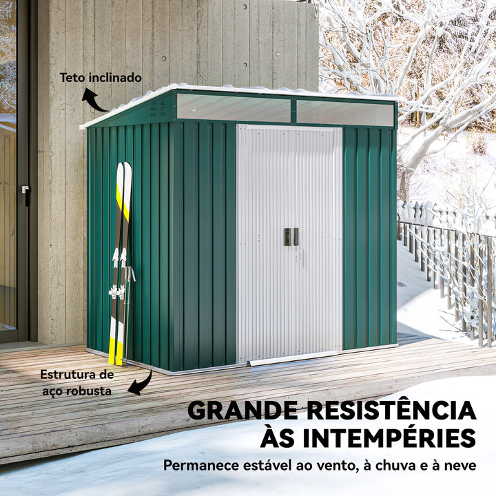 Abrigo de Jardim 2 m² 195x122x181,5 cm Abrigo de Armazenamento Metálico com Porta de Correr 2 Janelas e Anti-UV para Armazenar Ferramentas Pátio Exterior Verde