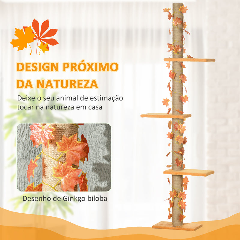 Árvore para Gatos do Chão ao Teto 37x21x202-242 cm Torre Arranhador para Gatos com Altura Ajustável 3 Plataformas Poste de Juta e Decoração de Folha de Acer Laranja