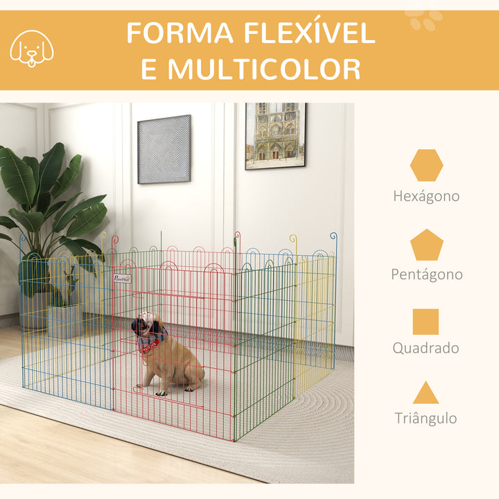Parque Dobrável para Cães, 8 Painéis Ø156x60 cm Cercado Metálico para Cães e Coelhos Design Personalizável com Porta e Estacas Interior e Exterior Multicolor