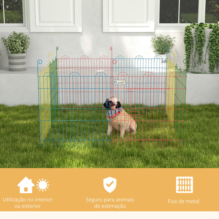 Parque Dobrável para Cães, 8 Painéis Ø156x60 cm Cercado Metálico para Cães e Coelhos Design Personalizável com Porta e Estacas Interior e Exterior Multicolor