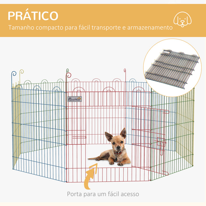 Parque Dobrável para Cães, 8 Painéis Ø156x60 cm Cercado Metálico para Cães e Coelhos Design Personalizável com Porta e Estacas Interior e Exterior Multicolor