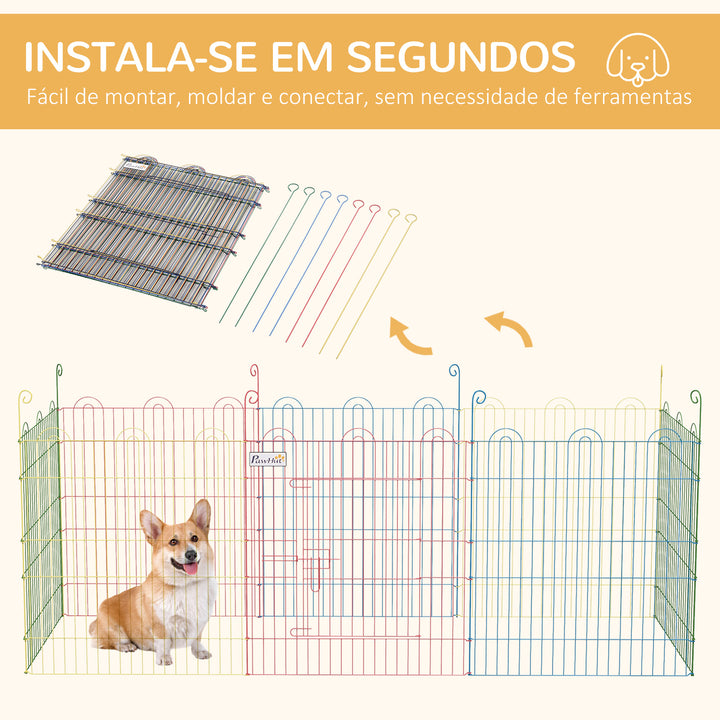 Parque Dobrável para Cães, 8 Painéis Ø156x60 cm Cercado Metálico para Cães e Coelhos Design Personalizável com Porta e Estacas Interior e Exterior Multicolor