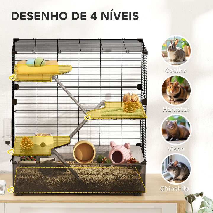 Gaiola para Pequenos Animais de 4 Níveis com Bandeja Inferior Gaiola para Roedores com Rampas Comedouro e Bebedouro Recinto para Chinchilas 73x47x80 cm Preto